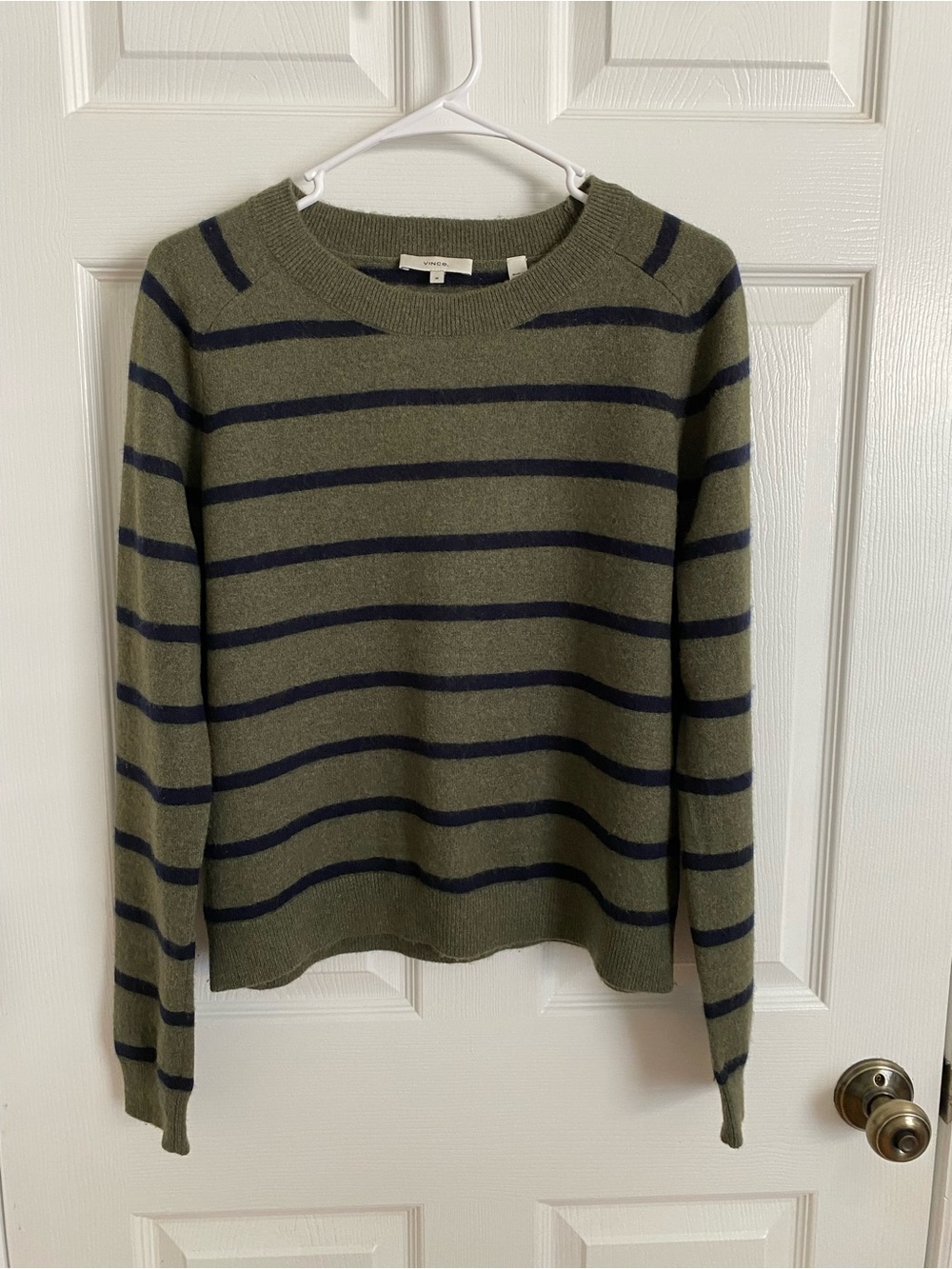 Vince Olive Green Navy Striped Wool Cashmere Crewneck Sweater | Size M
